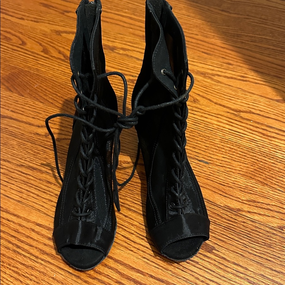 Black Lace-Up Peep Toe Boots